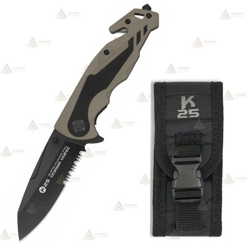 Navaja táctica K25 con mango de goma y hoja de 8,8 cm
