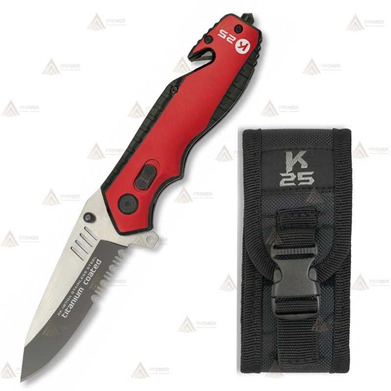 Navaja táctica K25 con mango de goma y hoja de 8,4 cm
