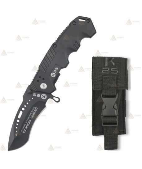 Navaja táctica K25 color negro con hoja calada de 8,5 cm