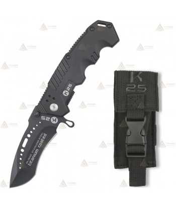 Navaja táctica K25 color negro con hoja calada de 8,5 cm