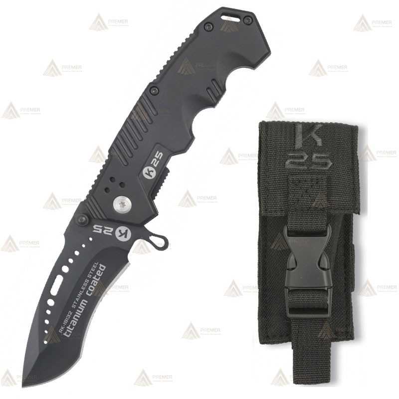 Navaja táctica K25 color negro con hoja calada de 8,5 cm
