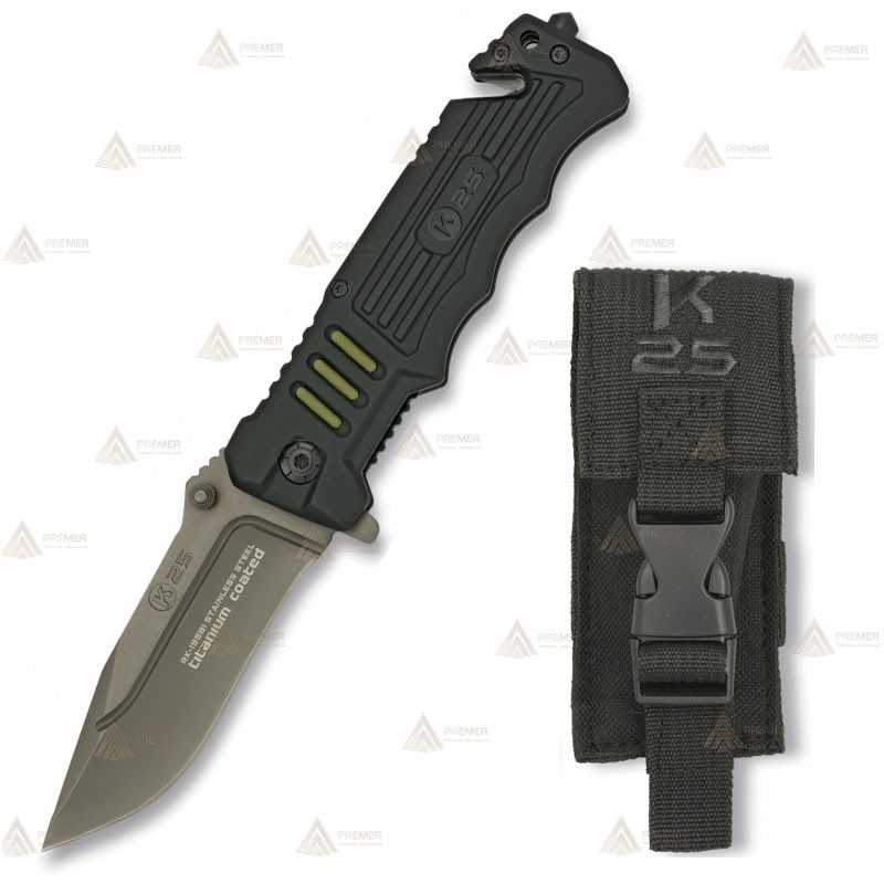 Navaja táctica K25 color negro con hoja calada de 8,7 cm