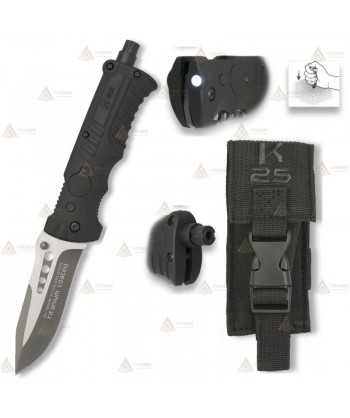 Navaja táctica K25 con linterna y con hoja calada de 9 cm
