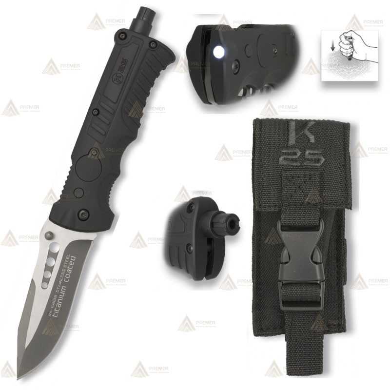 Navaja táctica K25 con linterna y con hoja calada de 9 cm