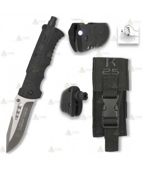 Navaja táctica K25 con linterna y con hoja calada de 9 cm