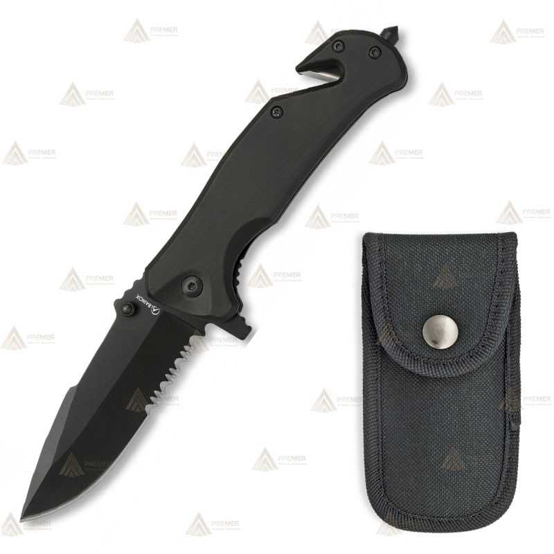 Navaja táctica color negro con sierra y hoja de 8 cm