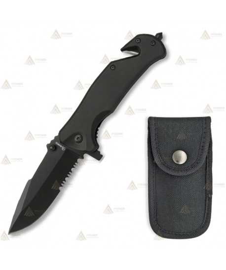 Navaja táctica color negro con sierra y hoja de 8 cm