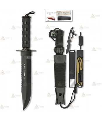 Cuchillo con hoja de 21 cm y kit de supervivencia