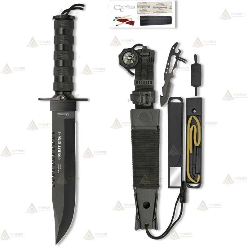Cuchillo con hoja de 21 cm y kit de supervivencia