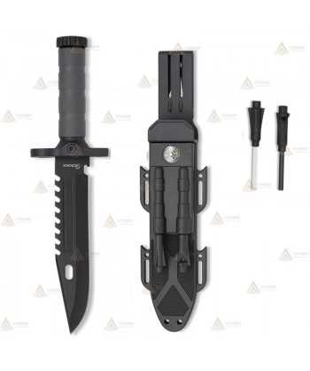 Cuchillo con hoja calada de 19 cm, con acabado negro. Funda de ABS. Incluye pedernal y afilador