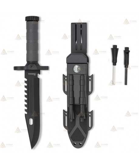Cuchillo con hoja calada de 19 cm, con acabado negro. Funda de ABS. Incluye pedernal y afilador