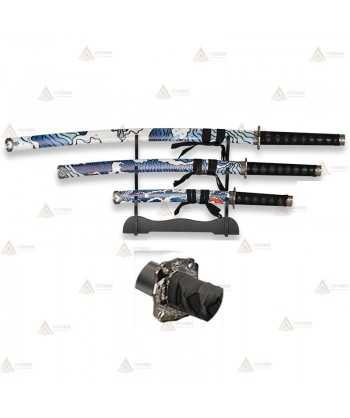 Set de 3 katanas de acero al carbono con peana