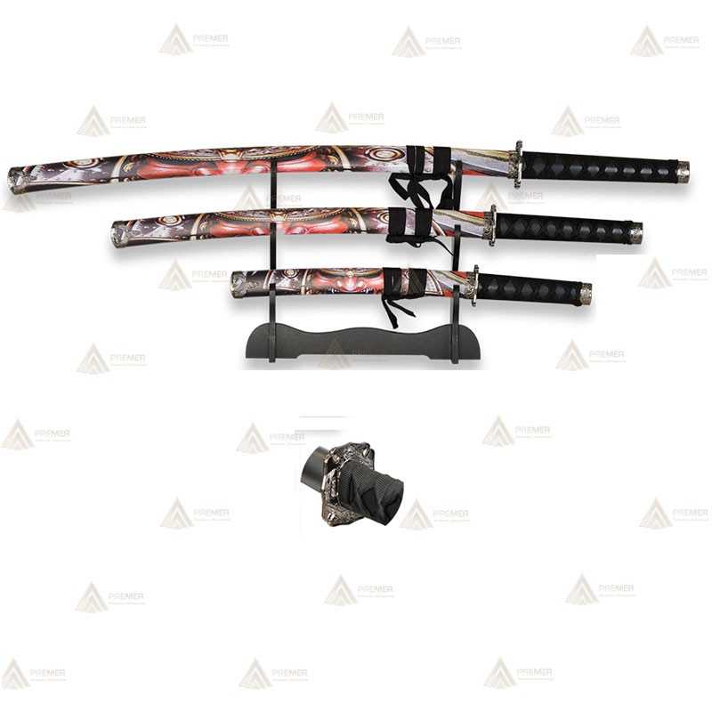 Set de 3 katanas de acero al carbono con peana
