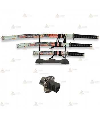 Set de 3 katanas de acero al carbono con peana