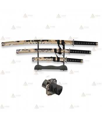 Set de 3 katanas de acero al carbono con peana