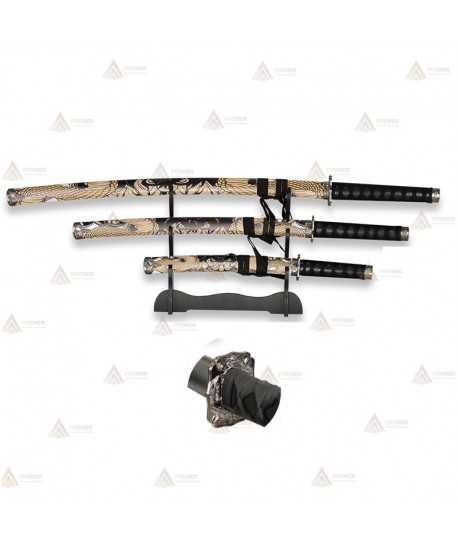 Set de 3 katanas de acero al carbono con peana