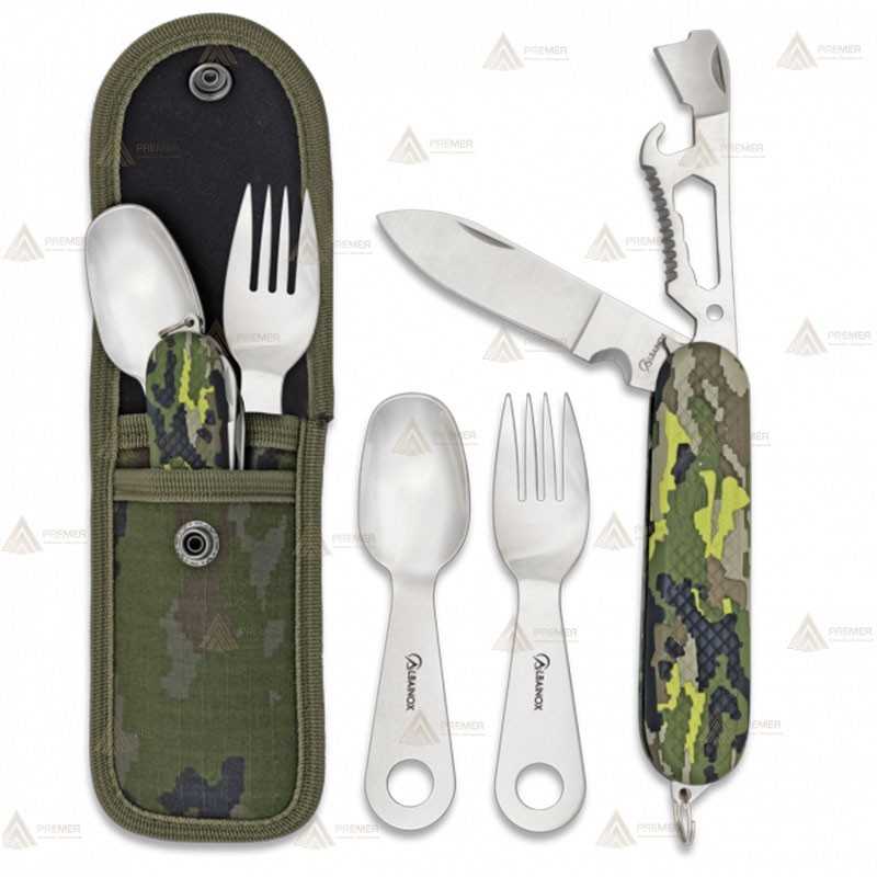 Navaja multifunción con set de cubiertos color Multicam Verde