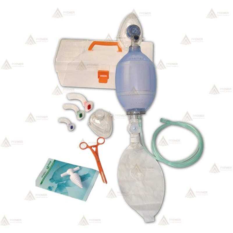 Kit de reanimación para adulto con mascarilla de silicona.