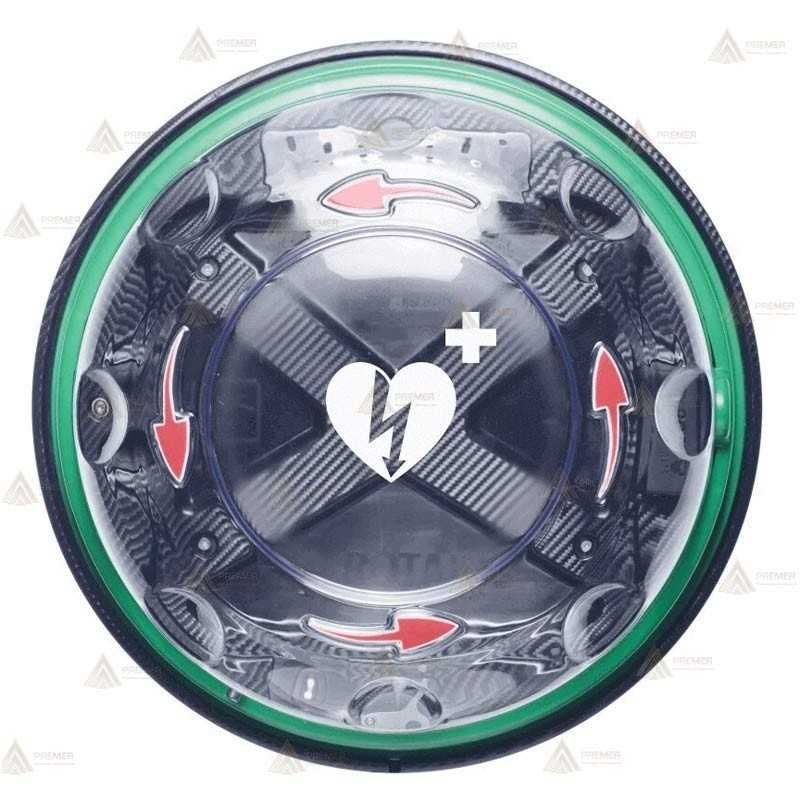 Vitrina Rotaid Solid Plus para desfibriladores con flechas rojas y alarma para desfibriladores